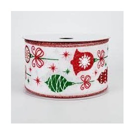 Vintage Christmas Ornaments Wired Edge Ribbon - 2.5 Inches x 10 yards White Red Green
