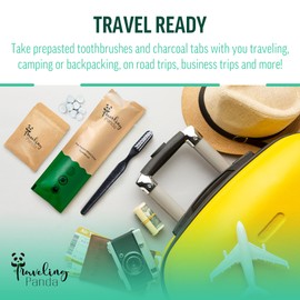 Traveling Panda Wheat Straw Toothbrushes, Soft Bristles Toothbrush with Toothpaste Built in, Travel Toothbrush Kit, Includes Brushes and Charcoal Toothpaste Tablets, 2 Mini Brushes, 20 Tabs