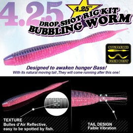 Drop-Shot-Rigs-for-Bass-Fishing-Soft-Plastic-Lures-Worm Fishing Hooks, 4 inch Rubber Worms, Wacky Worms, Straight Tail Stick Baits -22 Piece Kit with 10 Bodies, 6 Hooks, 6 Weights