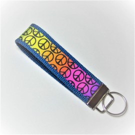 Wristlet Key Fob 5 Inch Rainbow Diversity Pride Peace Signs Steel Blue