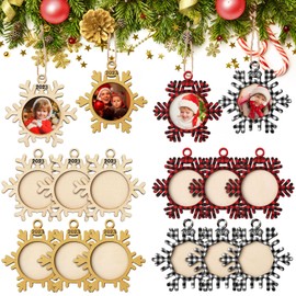 Jetec 12 Pieces Christmas Snowflake Hanging Photo Frames Snowflake Photo Ornaments Wood Buffalo Plaid Photo Ornaments Xmas Frame Christmas Tree Ornament for Christmas Anniversary Decorations