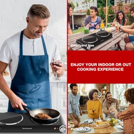 Techwood Electric Dual Hot Plate 1800W, Countertop Stove Double Cooktop Burner for Cooking, Infrared Ceramic, Brushed Stainless Steel Easy To Clean Upgraded Version, Black