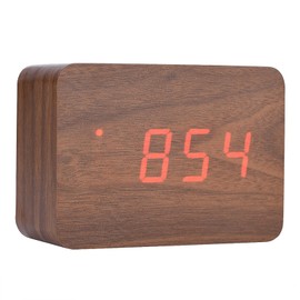 LED Wooden Alarm Clock, Alarm Function/Voice Control and Continuous Light Mode/Digital Desk Thermometer, Classic Timer, Digital Alarm Clock (Brown Wood + Red Light)
