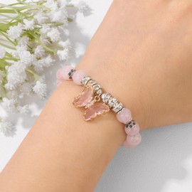 Nojess Crystal Bracelet for Women Butterfly Bracelet Natural Healing Gemstone Beaded Bracelets Crystal Stone Stretch Pendant Bracelets Jewelry Gifts for Women (Rose Quartz Bracelet)