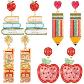 Sumind 4 Pairs Teacher Earrings for Women Rhinestone Beaded Teacher Drop Earrings Fun Earrings Dangle Earrings Colorful Teacher Appreciation Gifts (Cute)