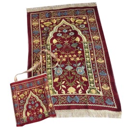 Muslim Thin Salah Mat Islam Portable Sajadah Praying Carpet AMN-389 Floral Design Travel Rug Muslim Eid Ramadan Gift (Red with Bag)