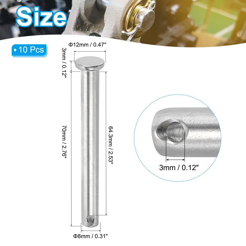 PATIKIL 8 x 70 mm Single Hole Clevis Pin, 10