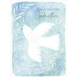 Designer Greetings White Dove and Swirling Vines on Light Green and Blue Background Religious Christmas Card for Godmother