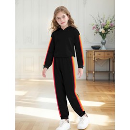 Clothes For Girls 10-12 Hoodies For Teen Girls Black Casual Activewear Cute Long Sleeve Rainbow Ribbon Sweatshirts And Sweatpants 2 Piece Girl Fall Outfits Clothing Sets
