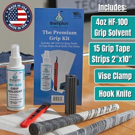 Brampton Premium Golf Grip Kit for Golf Club Regripping - 15 Premium 2"x10" Golf Grip Tape Strips, Rubber Vise Clamp, & 4 oz HF-100 Non-Toxic, Non-Flammable, Odorless Golf Club Grip Solvent