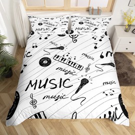 Music Theme Bedding 140 x 200 cm Black and White Music Note Bedding Music Theme Duvet Cover Teens Retro Music Microphone Vinyl Records Room Decor