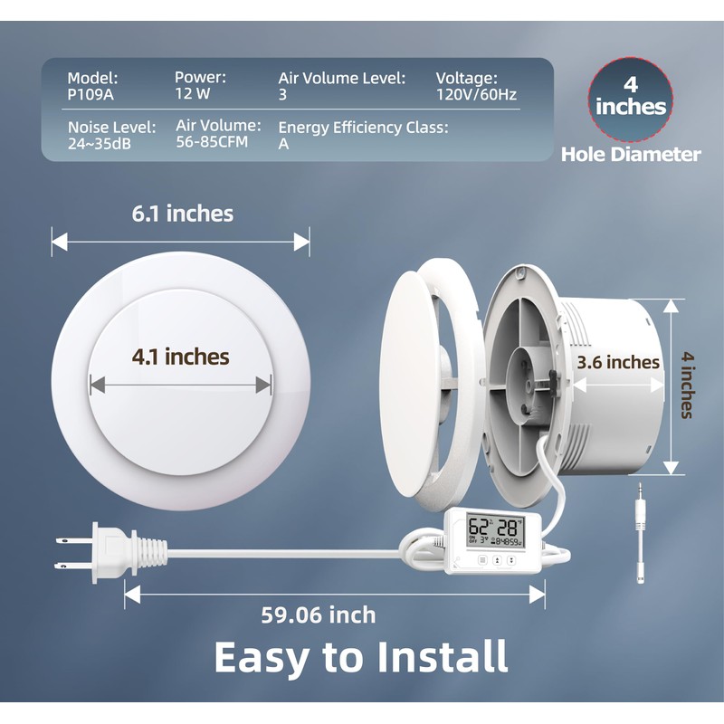 3 Speed Bathroom Fan with Humidity Sensor with Remote Control,