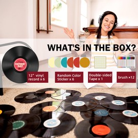 Leptetek 6 PCS Vinyl Records Decorations 12 Inch with Markers, Double Side Tape and Vinyl Center Label, Vintage Record Decor for Wall Aesthetic, Rock & Roll Music Party Decor