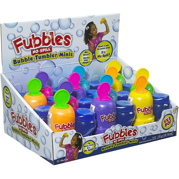 Little Kids Fubbles No-Spill Bubble Tumbler Minis Party Favor 12 pack, Includes 2oz bubble solution and a wand per bottle (assorted colors)
