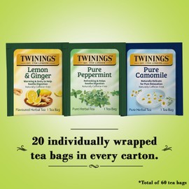 Twinings Herbal Tea Variety 3-Pack – Pure Peppermint, Pure Camomile + Lemon & Ginger Tea Bags, Naturally Caffeine-Free, 20 Count Each