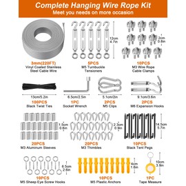 220 FT 1/8" Wire Rope Kit, 304 Stainless Steel Cable with M5 Turnbuckles for Cables Wire, Vinyl Coated String Lights Hanging Wires for Outdoor Camping, Trellis, Garden, Clothes line, Curtain, Festival