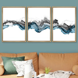SIGNWIN Framed Canvas Print Wall Art Set Black Blue Smoke Wave Landscape Abstract Shapes Illustrations Modern Art Decorative Contemporary Colorful for Living Room, Bedroom, Office - 16"x24"x3 Natural