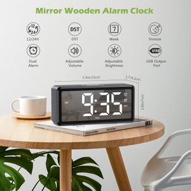 KeeKit Wooden Alarm Clock, Digital Alarm Clock, Desk Clock with Dual Alarm, USB Port, Snooze, Alarm Clock with 5 Volumes, 5 Brightness for Bedroom, Bedside Table, Office