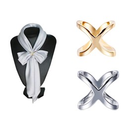 2Pcs Fashion Women Elegant X Shape Silk Scarf Clip Ring Scarves Buckle Holder Scarf Shawl Neckerchief Blouse Clothing Clasp Ring Wrap Decorate Accessory for Ladies Girls (Gold + Silver)