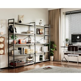 MECHYIN Bookshelf 5 Tiers, Industrial Corner Bookcases, H65×L82 Large Etagere Bookshelf Open Display Shelves with Metal Frame for Living Room, Bedroom and Home Office (French Oak Grey)