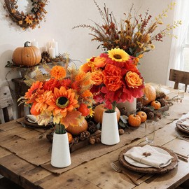 Suncalla 4 Bundles Artificial Fall Flowers Bouquet 14.6" Silk Fake Orange Flowers with Fake Pumpkin Sunflower for Wedding Floral Arrangement Vase Table Centerpiece Autumn Thanksgiving Party Decor
