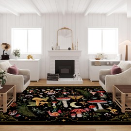 Mushroom Moth Area Rugs for Living Room Dining Room Bedroom Farmhouse, Non-Slip Machine Washable Black Living Room Rug Carpet 5'x7', Witchy Living Room Decor Aesthetic