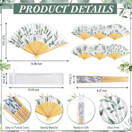 Briwooody 48 Set Eucalyptus Leaf Hand Folding Fans with Organza Bags Bulk Greenery Wedding Favors for Guests Boho Green Leaf Paper Fan for Bridal Shower Supplies Bridesmaid Gifts Party Decorations