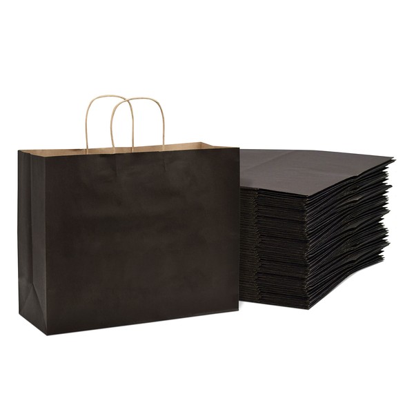 Paper Bags with Handles - 16x6x12 Inch 100 Pack Extra Large Black Gift Bags, Kraft Paper Totes for Gift Wrapping, Wedding & Birthday Party Favor, Small Business, Retail, Grocery & Shopping Use, Bulk