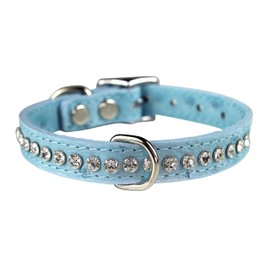 OminPet Signature Leather Crystal Dog Collar, Baby Blue Ostrich Grain Leather, Fits 9.5"-11.5" Neck Size