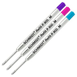 Schmidt P900 Parker Style Ballpoint Pen Metal Body Refill, Purple, Magenta, Turquoise Ink Medium Tip 0.7mm Stainless Steel Tip - Pack of 3