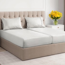 5 Piece Striped Sheets for Split King Size Bed – Flat Sheet 108 x 102, 2 Fitted Sheets 39 x 80 and 2 Pillowcases 20 x 40 – Deep Pocket, Ultra-Soft, Grey and White Sheets – Oeko-TEX Stripe Sheet Set