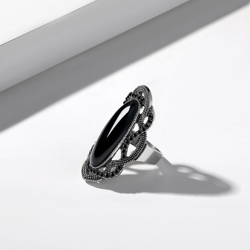 Rhodium Plated Large Black Stone Statement Rings for Women Size