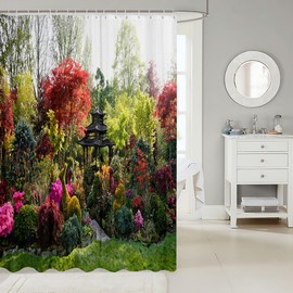 Loussiesd Natural Shower Curtain 180x200cm 3D Garden View Flowers Trees Waterproof Shower Curtain Outdoor Nature Scenery Waterproof Cloth Fabric Bathroom Decor Set with Hooks