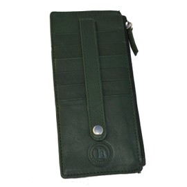 Leatherboss Genuine Leather Women's All in One Credit Business Card Case Holder Slim Zipper Wallet With a Card Protection Strap, Teal Green