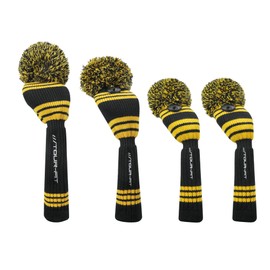 Golf Club Headcover | Tour Fit Double Layer Pom Pom Premium Knitted Golf Head Cover | Driver, Fairway, Rescue | Set of 3 or 4 | Yellow/Black (Set of 4 Covers)