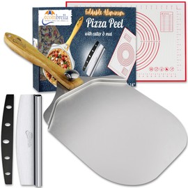 ECOMBRELLA Pizza Peel 12 inch – Metal Pizza Peel with Foldable Wooden Handle – Aluminum Pizza Paddle for Pizza Bread Dough - Free Pizza Making Accessories, Rocker Cutter & Pizza Mat