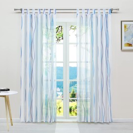 ESLIR Curtains with Tabs Transparent Tab-Top Curtain Waves Pattern Voile Blue W x H 140 x 175 cm 1 Piece