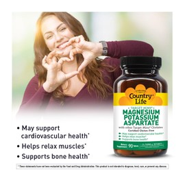 Country Life Target-Mins Magnesium Potassium Aspartate, 600mg/198mg, 90 Tablets, Certified Gluten Free, Certified Vegan