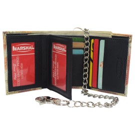 MARSHAL Mens Chain Biker Genuine Leather Classic Trifold Logo Wallets (Skull)