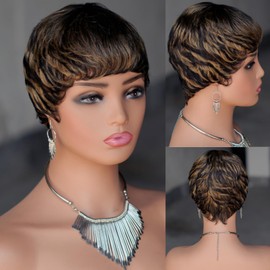 TSHELOVE Pixie Cut Wig Human Hair for Black Women P1B/27 Highlight Brown Short Wigs for Black Women Human Hair Glueless Wig with Bangs Human Hair Layered Haircut Wigs Full Machine Made Wig (P1B/27)