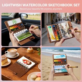 Lightwish Watercolor Sketch Book Set, Pocket Size, Approx. 5.1 x 3.0 inches (13 x 7.5 cm), 100% Cotton, Cold Press, Medium Grain, 20 Pieces, Palette and Water Brush Included, For Travel, Outdoor