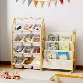 Oenalw Wooden Toy Storage Organizer Kids Bookshelf, with 12 Toy Organizer Bins, Child Book Shelf for Kids Rooms, Nursery, Baby Room, Playroom, Montessori Toys Storage Organizers Rack Bookcase Shelves