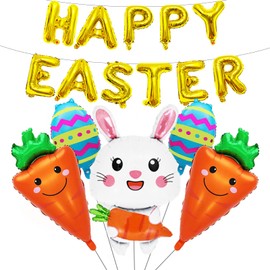 16 Pieces Large Easter Foil Balloons Decorations Set, Includes Bunny, Carrots, Colorful Eggs, and 'HAPPY EASTER' Letter Designs Mylar Balloons for Spring Party Supplies and Holiday Celebrations