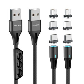 P-TECHUK Fast Charging 360° Magnetic 2 in 1 Cable, Magnetic Charging Cable, Magnetic Cable, Universal magnetic charger cable. (2 x 1M cable, 6 tips, 1 x tip holder) (Black)