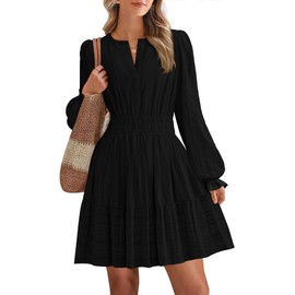 BTFBM Mini Dresses for Women 2025 Casual Lightweight Long Sleeve V Neck A Line Elastic Waist Party Holiday Dress(Black, Large)