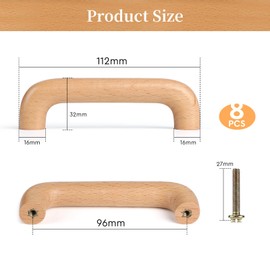 SWAWIS Pack of 8 Wooden Handles, 96 mm Furniture Handles, Wooden Drawer Handles, Arc-shaped, Door Handle, Kitchen Cabinets with Screws, Cabinet Handle Wood for Cabinets, Drawers, Furniture, Kitchens