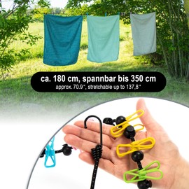 com-four® 2 x Travel Washing Line, 180-350 cm per Line, Camping Washing Line with Reflective Elastic, Washing Line with 12 Metal Clips, Mobile Washing Line with Hooks (Colourful/Black)