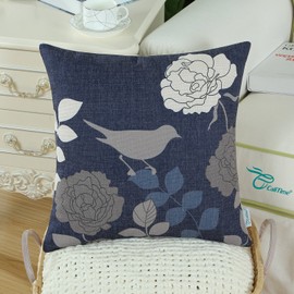 CaliTime Canvas Throw Pillow Cover Case for Couch Sofa Home Decoration Floral Cartoon Shadow Bird Silhouette 18 X 18 Inches Navy Ground Grey Bird