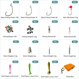 ELLYCIO 142pcs Fishing Accessories Kit, Fishing Tackle Box with Tackle Included, Texas Rig Hooks, Fishing Weights, Fishing Beads, Round Split Shot, Soft Plastic Baits for Bass Fishing