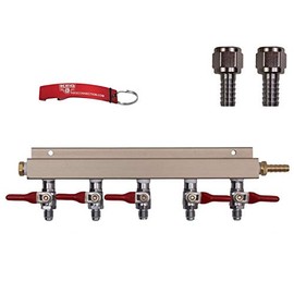 5 Way Air Manifold W/mfl Valves, Swivel Nut, 1/4" & 5/16" barbs/stems